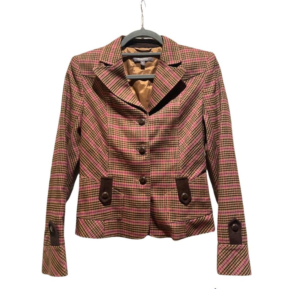 📚Thomo • Pink & Brown Wool Blend Plaid Blazer - Size 34/ XS